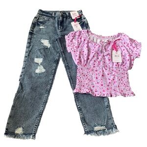 Justice pink Floral Top size 10and Distressed Jeans Set size 12 2 piece set